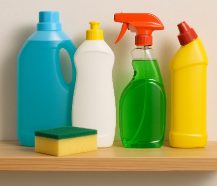 Several cleaning products on a shelf.