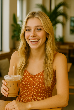 Holly sitting at her favorite coffee shop.