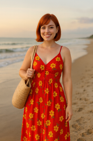 Lily Anna at the beach wearing a red sundress.