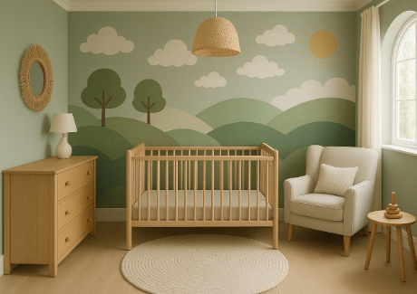 Modern pastel baby nursery with crib, painted walls of rolling hills and a dresser.
